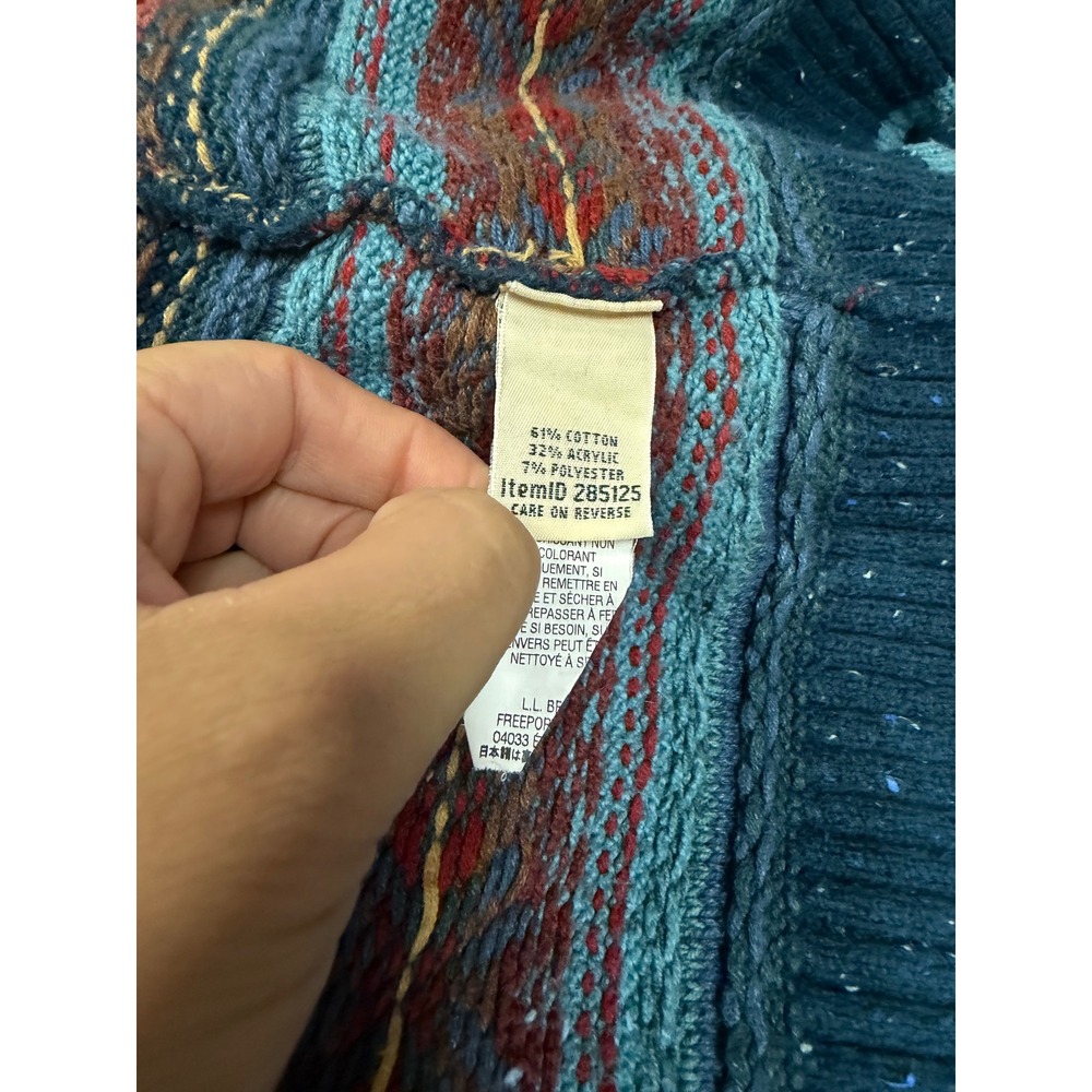 LL Bean Womens Blue Fair Isle Shawl Collar Open Front Cardigan Cabin Grandpa  L - Picture 12 of 14